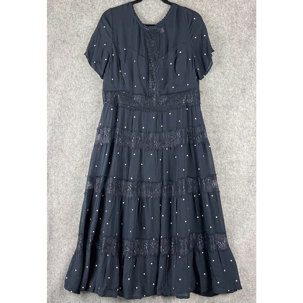 Monsoon Lace Tiered Dress Womens 14 Navy Blue Metallic Polka Dot Whimsigoth
